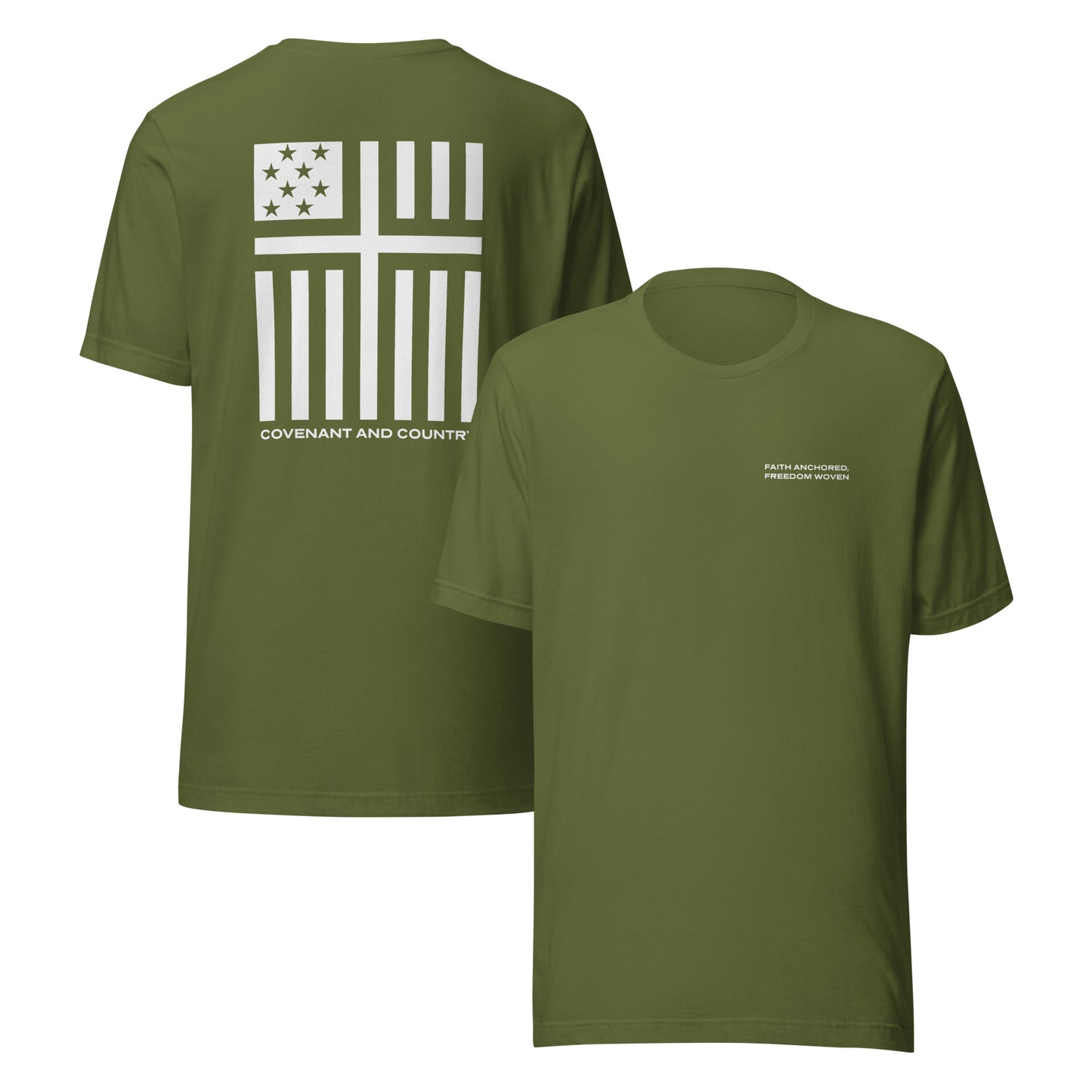 Covenant and Country branded T-Shirt in olive with cross and american flag