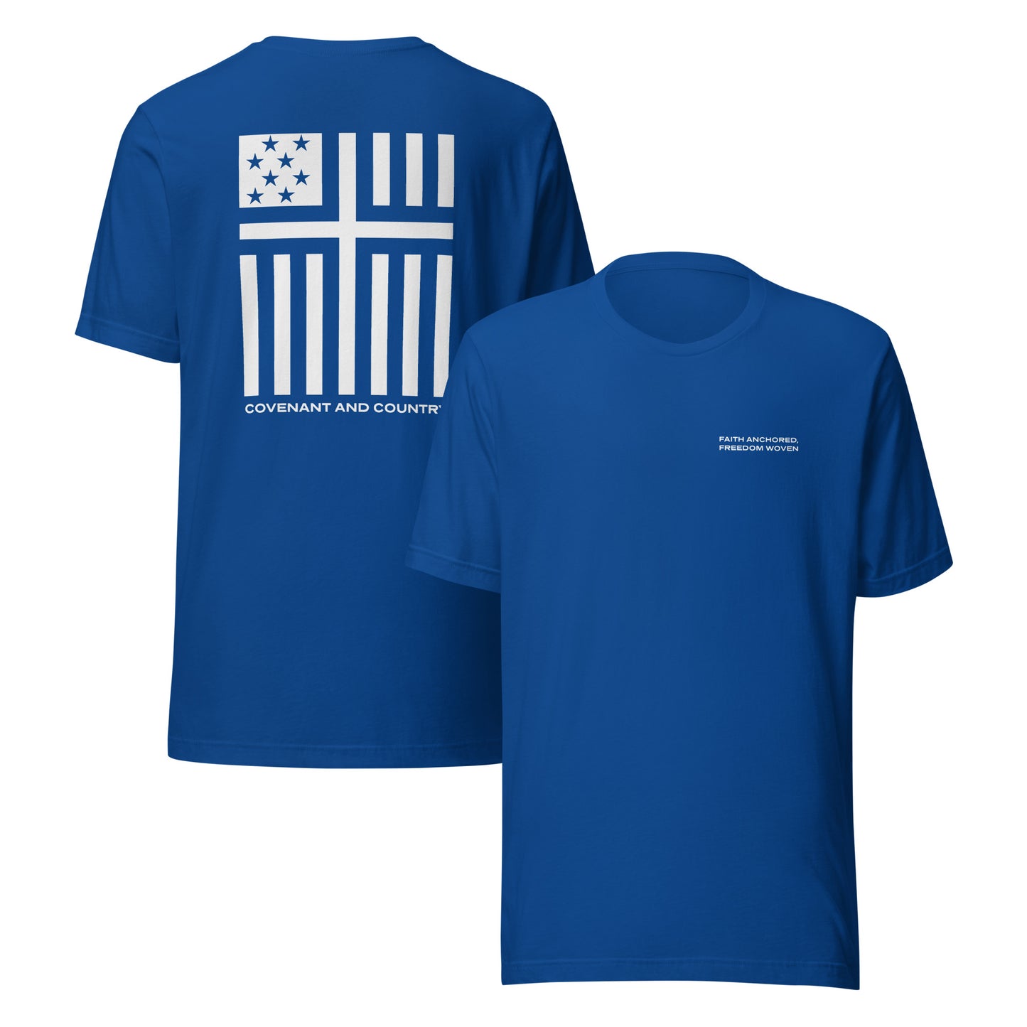 Covenant and Country branded T-Shirt in royal blue with cross and american flag