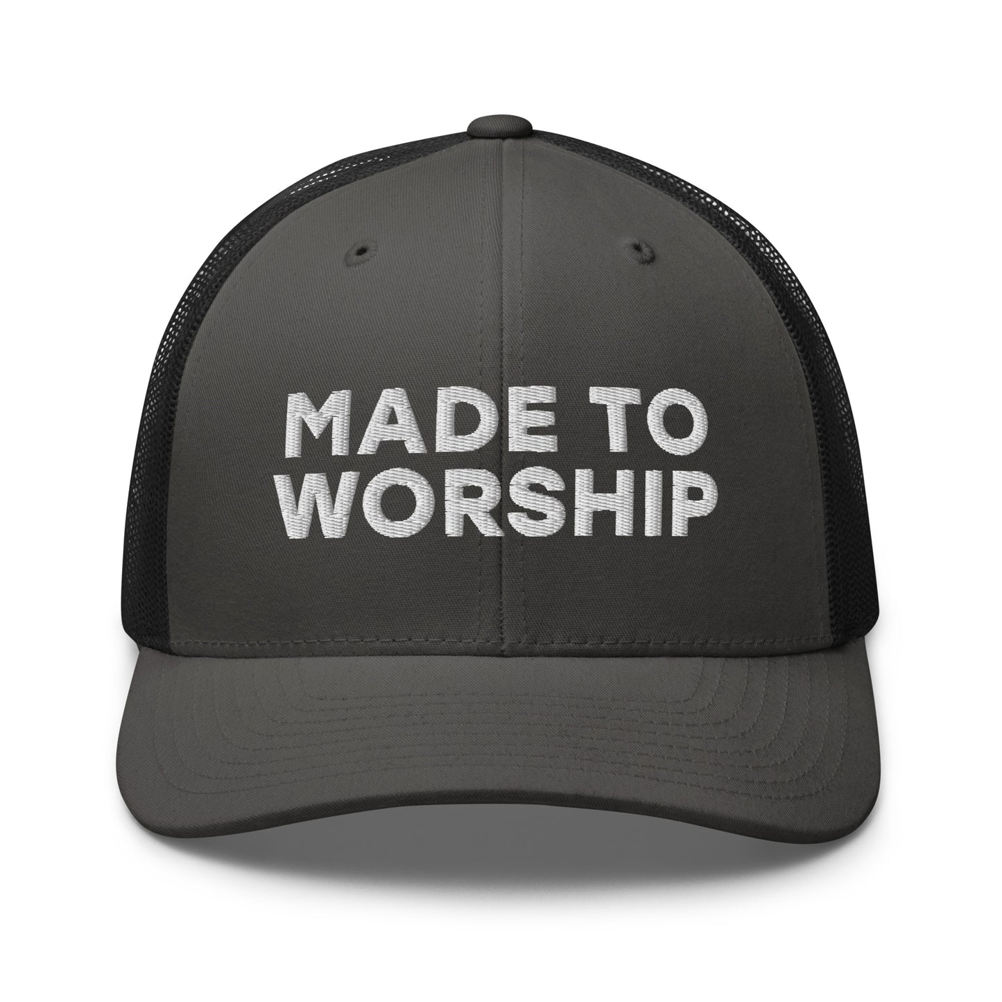 Retro Trucker Hat Charcoal Black Front Made To Worship