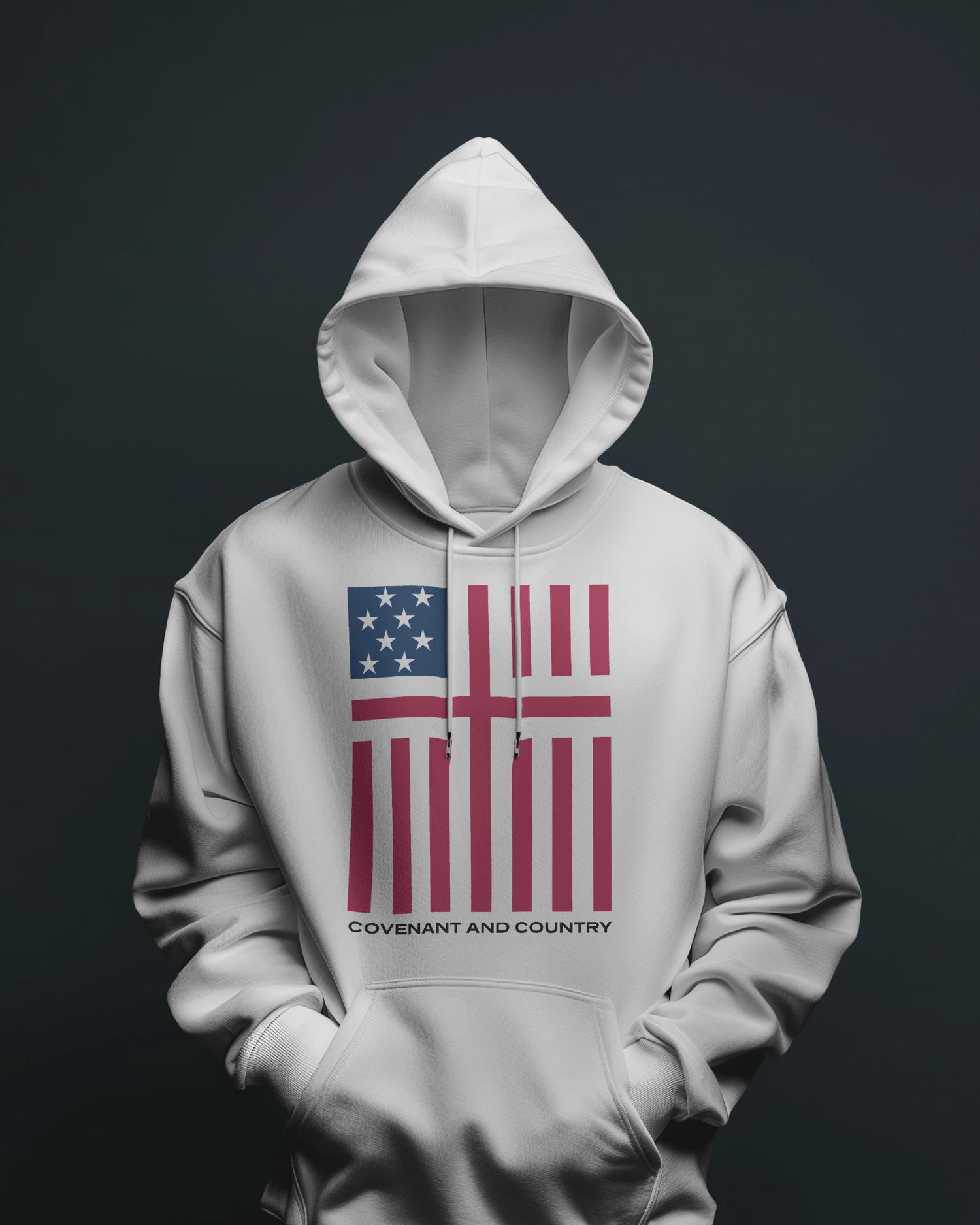 mens white hoodie with american flag cross