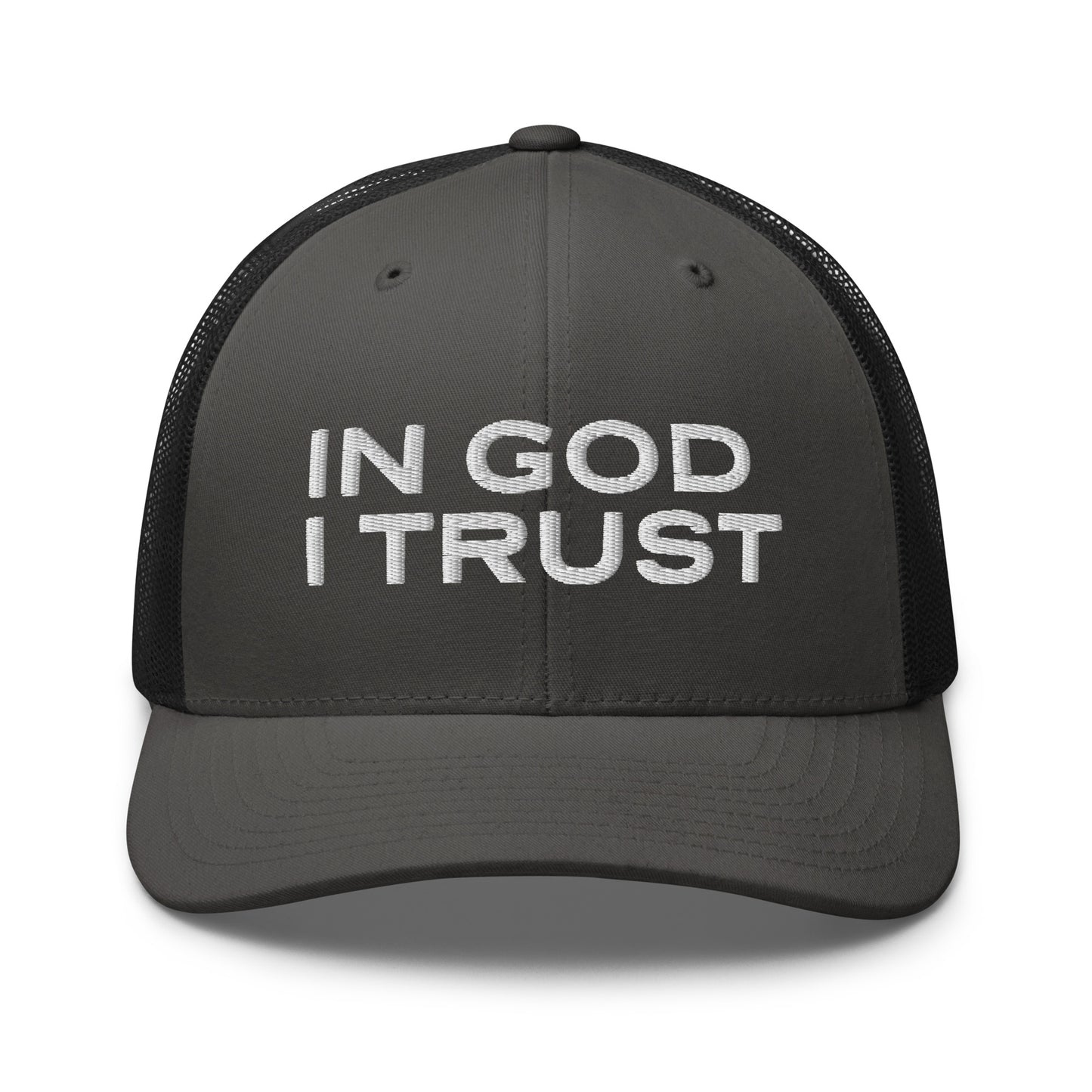 Retro Trucker Hat Charcoal Black Front In God I Trust