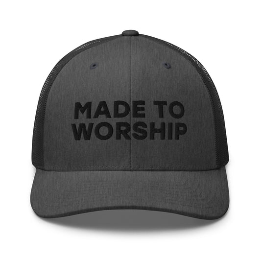 Retro Trucker Hat Dark Heather Gray Front Made To Worship