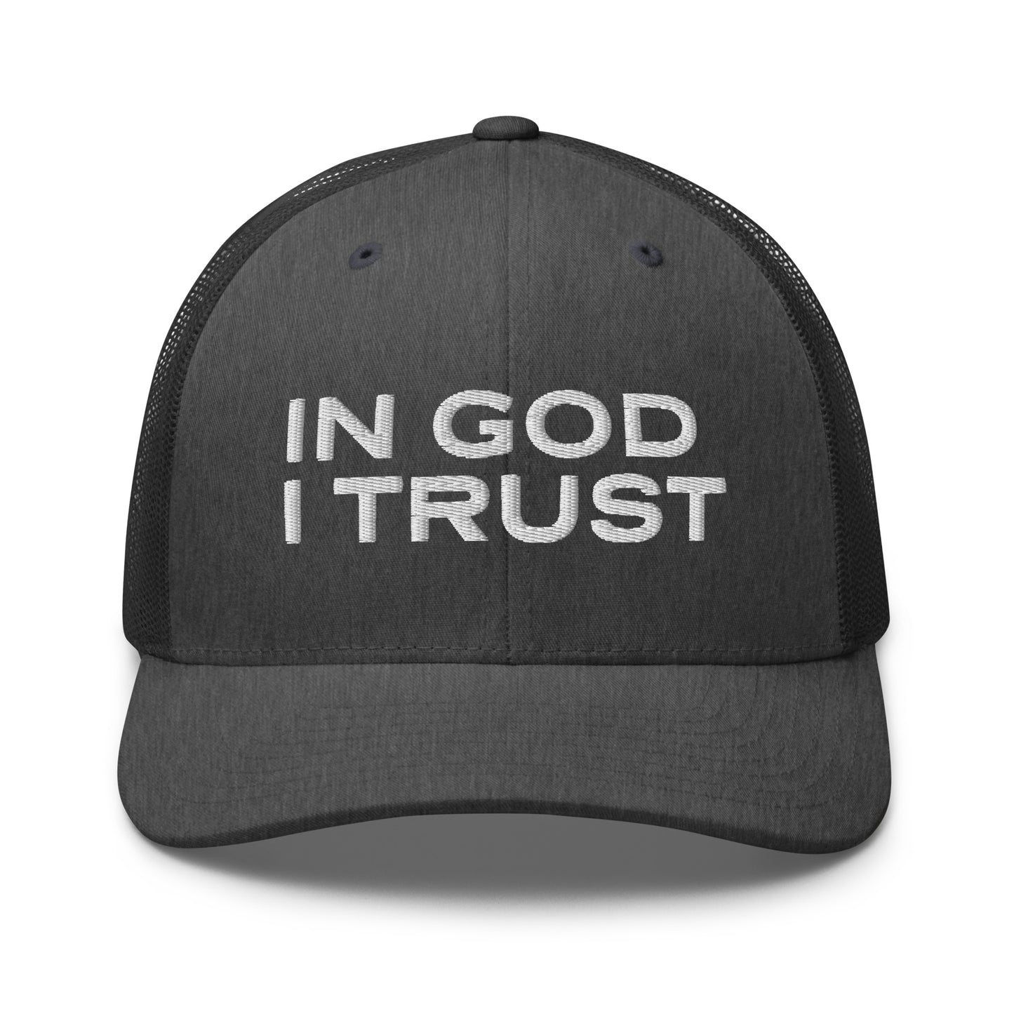 Retro Trucker Hat Dark Heather Gray Front In God I Trust