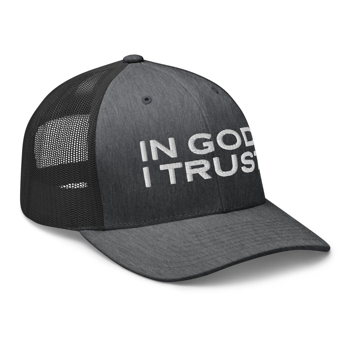 Retro Trucker Hat Dark Heather Gray Side In God I Trust