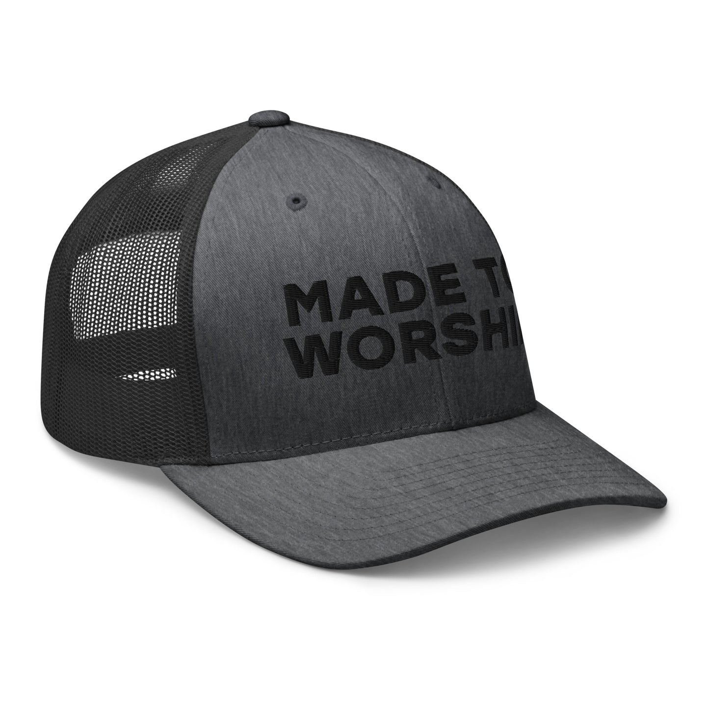 Retro Trucker Hat Dark Heather Gray Side Made To Worship