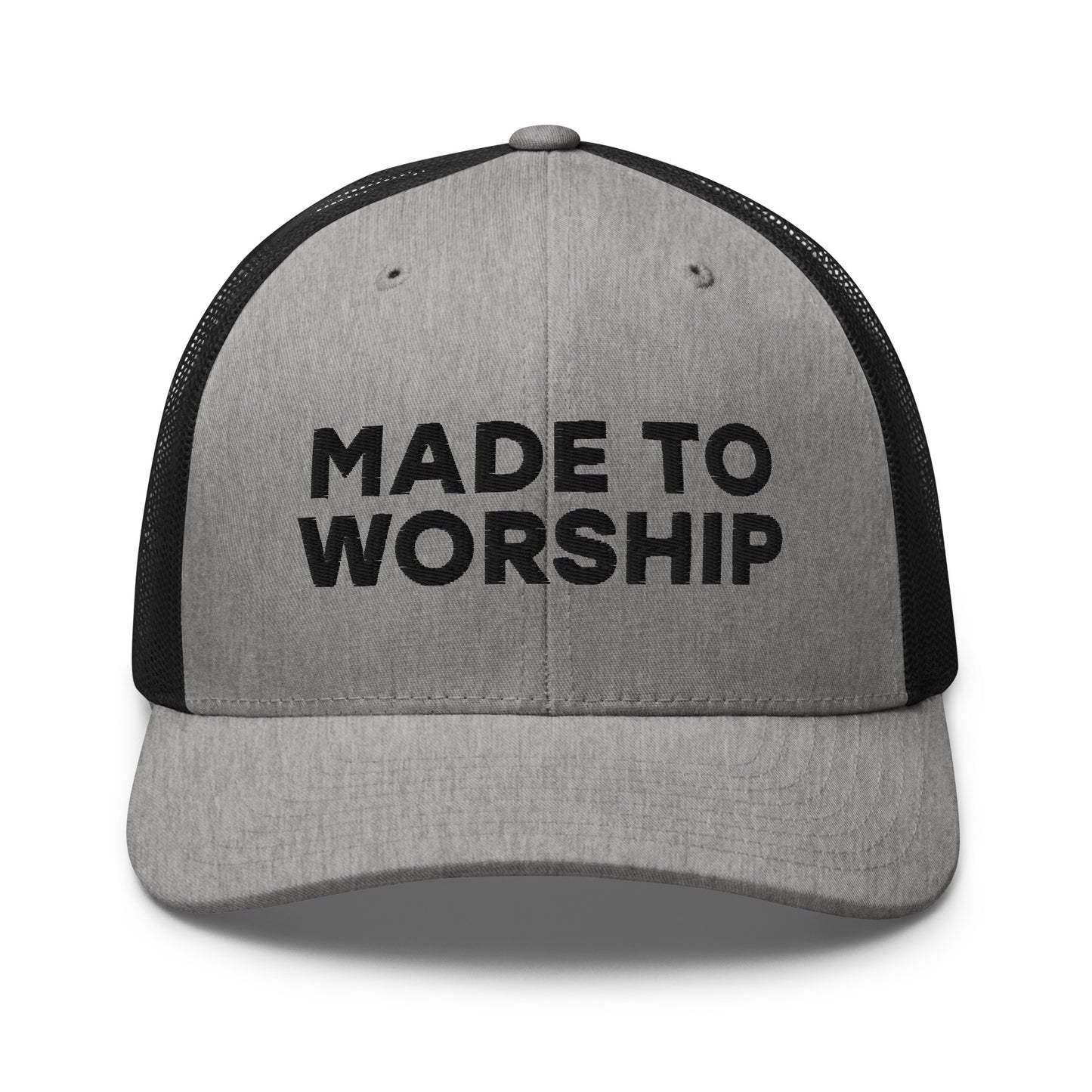 Retro Trucker Hat Heather Black Front Made To Worship