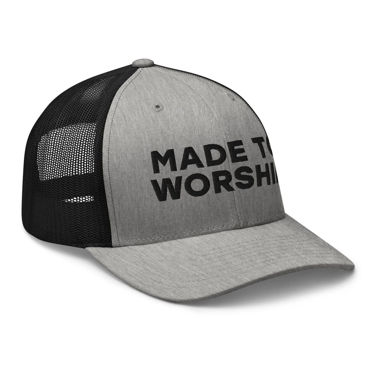 Retro Trucker Hat Heather Black Side Made To Worship
