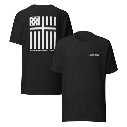 Covenant and Country branded T-Shirt in heather grey with cross and American flag