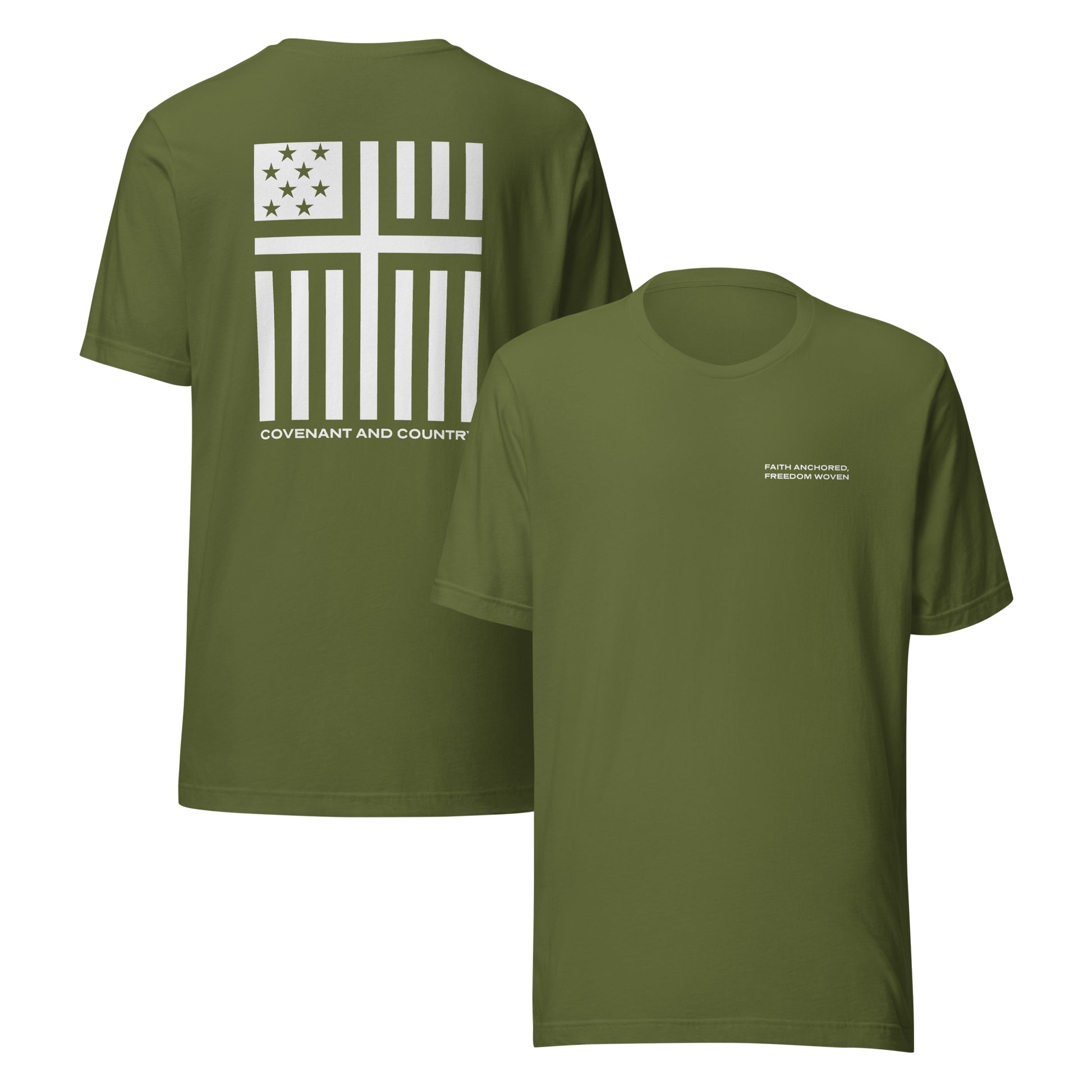 Covenant and Country branded T-Shirt in olive with cross and american flag