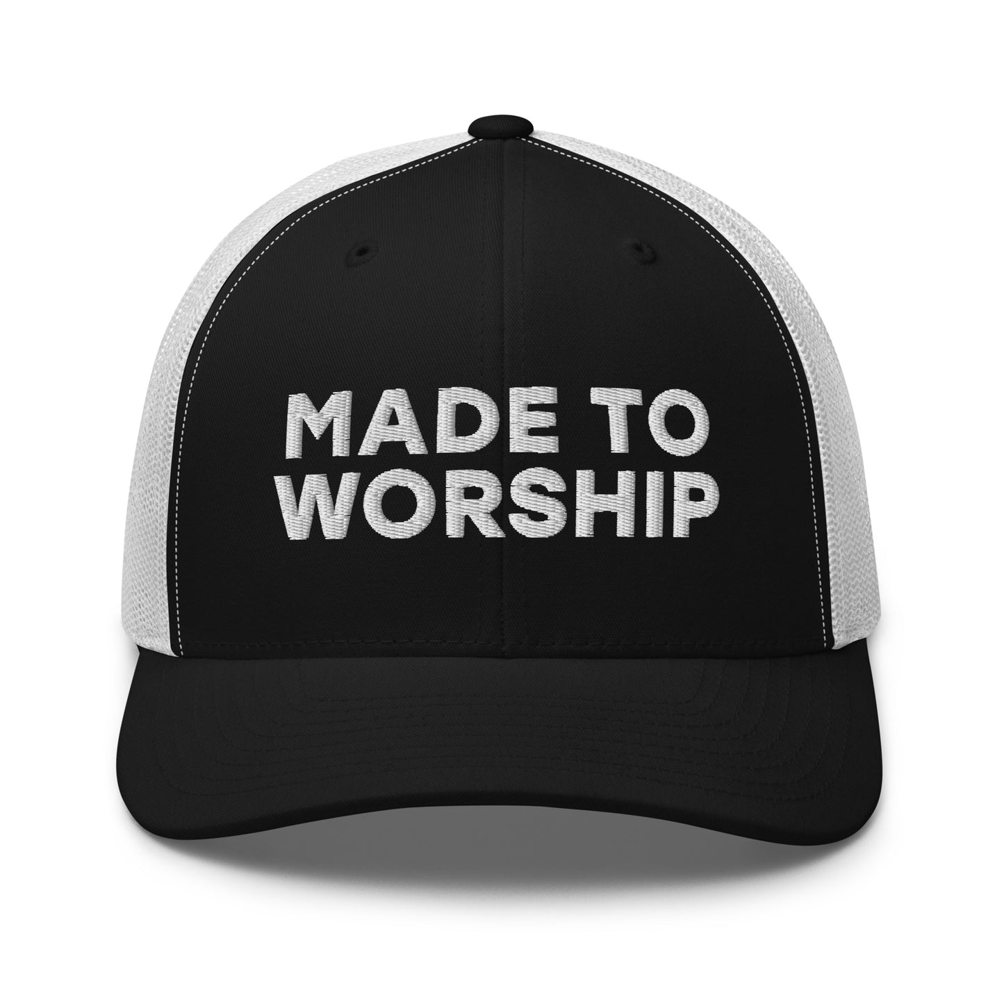 Retro Trucker Hat Black White Front Made To Worship