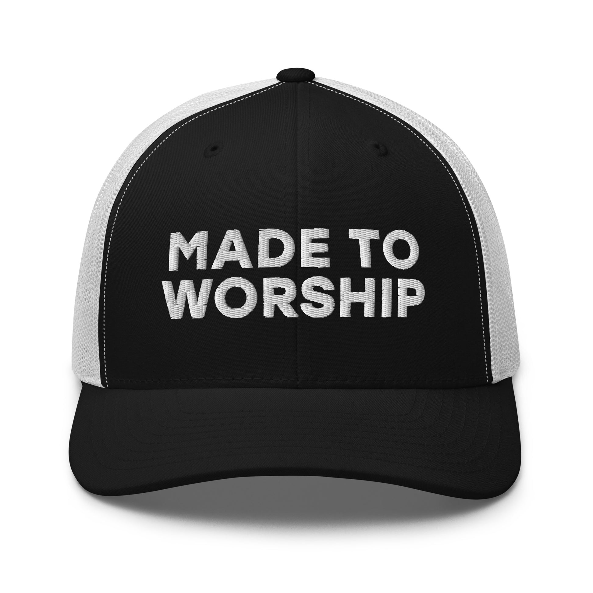 Retro Trucker Hat Black White Front Made To Worship