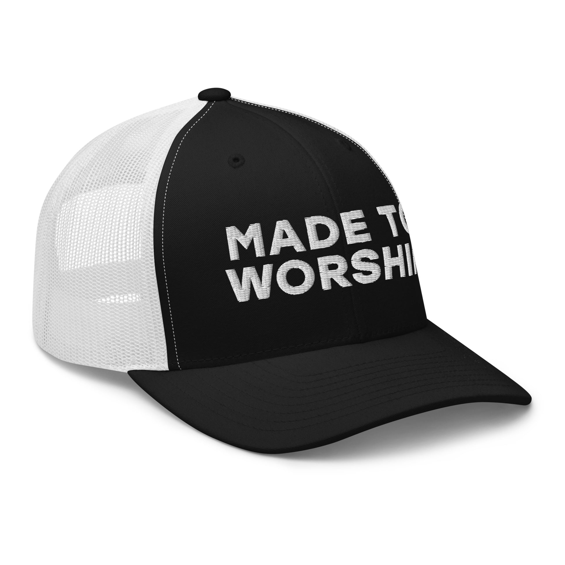 Retro Trucker Hat Black White Side Made To Worship