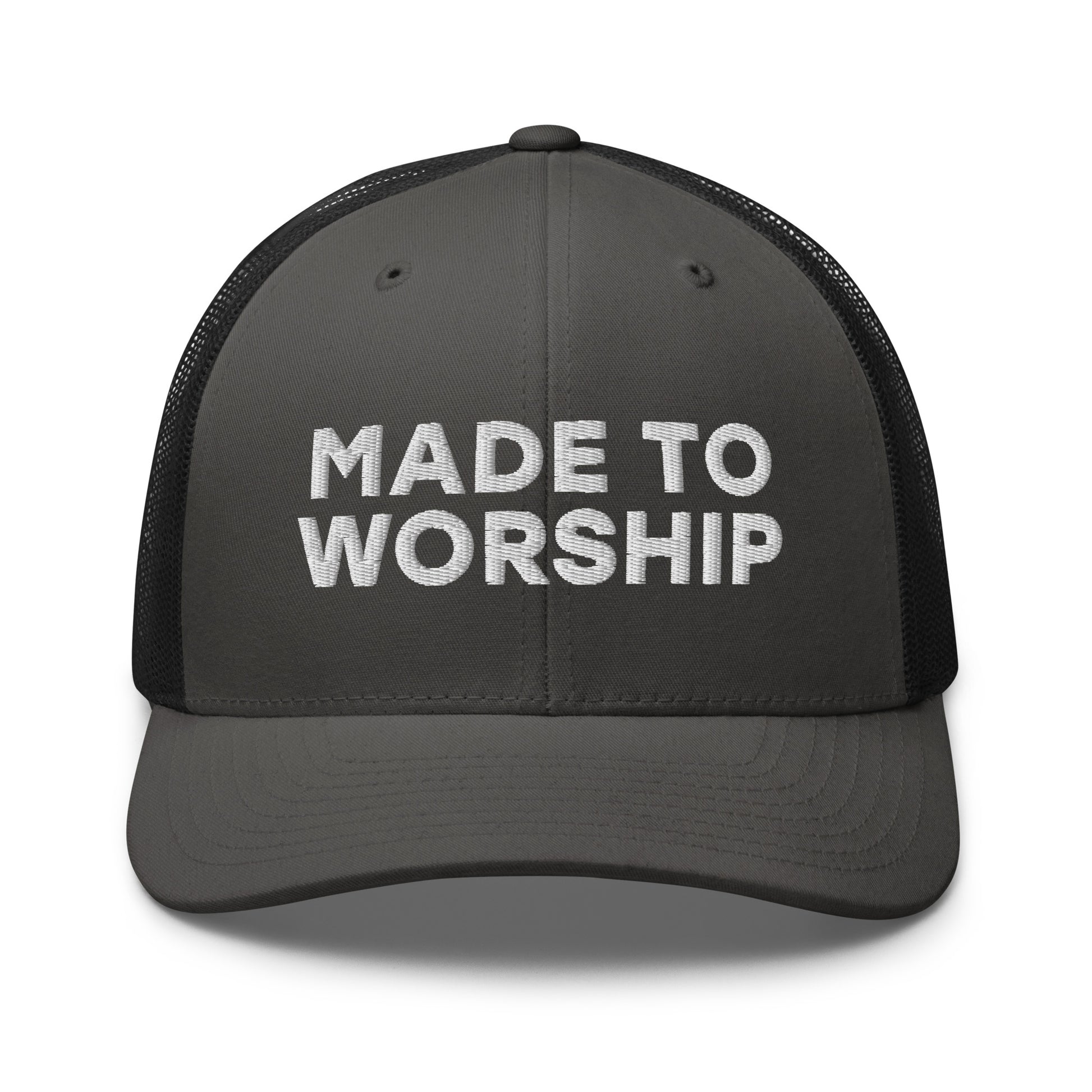 Retro Trucker Hat Charcoal Black Front Made To Worship
