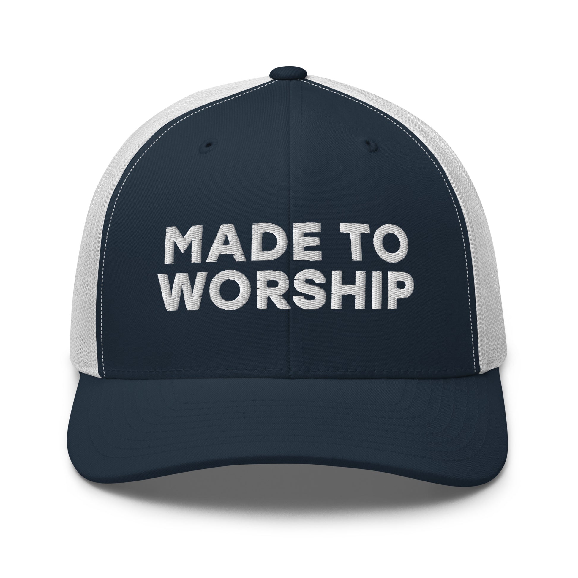 Retro Trucker Hat Navy White Front Made To Worship