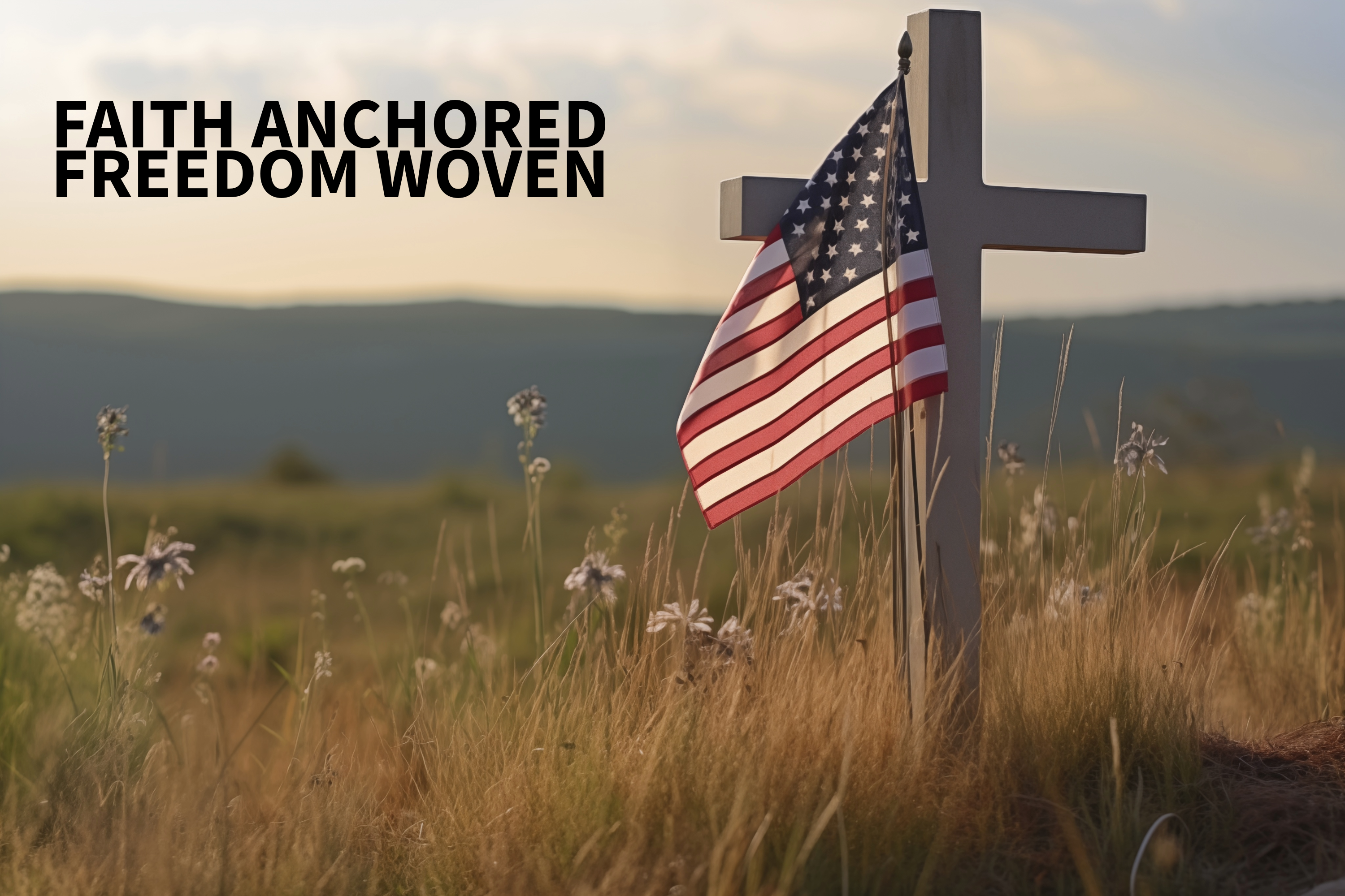 cross and american flag in field
