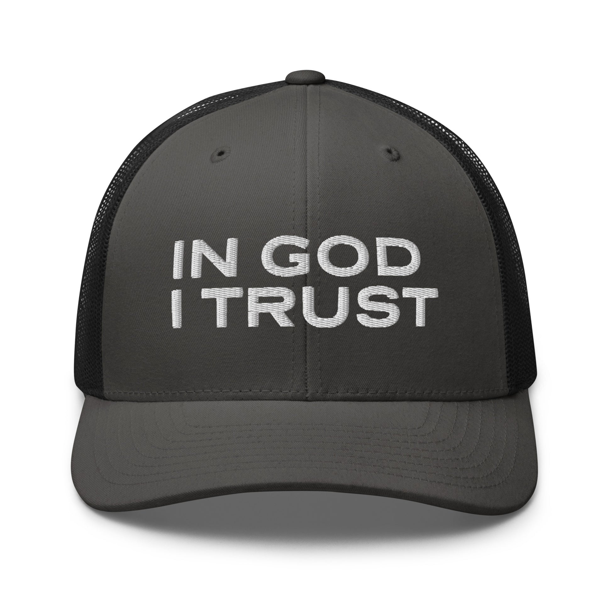 Retro Trucker Hat Charcoal Black Front In God I Trust