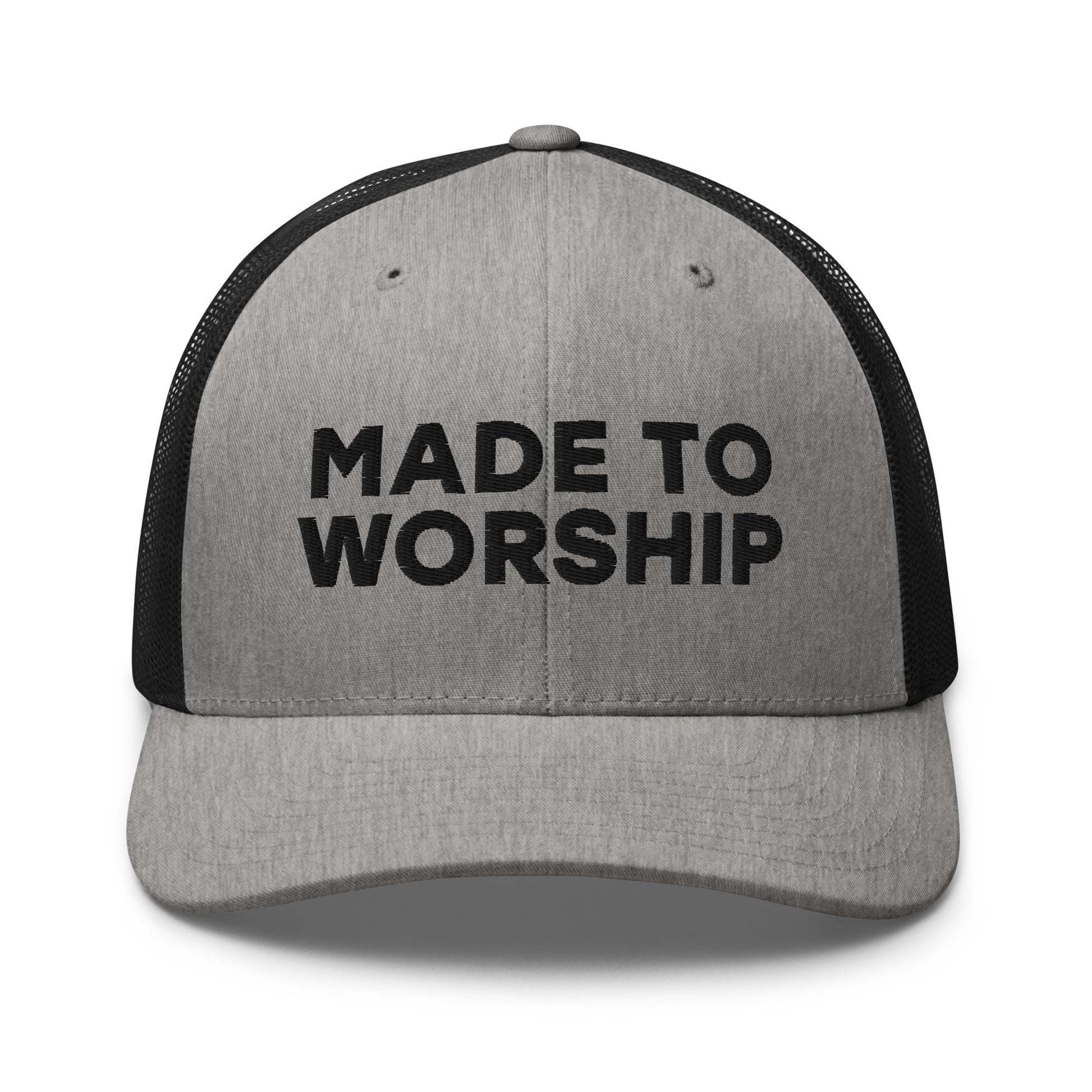 Retro Trucker Hat Heather Black Front Made To Worship